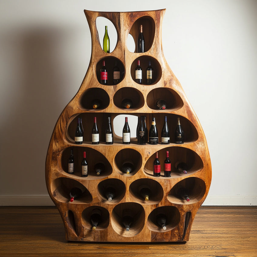 Teardrop 24-Bottle Solid Wood Wine Rack – Sculptural Freestanding Display