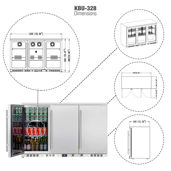 53" Triple-Door Outdoor Drink Fridge with Solid Stainless Steel Doors